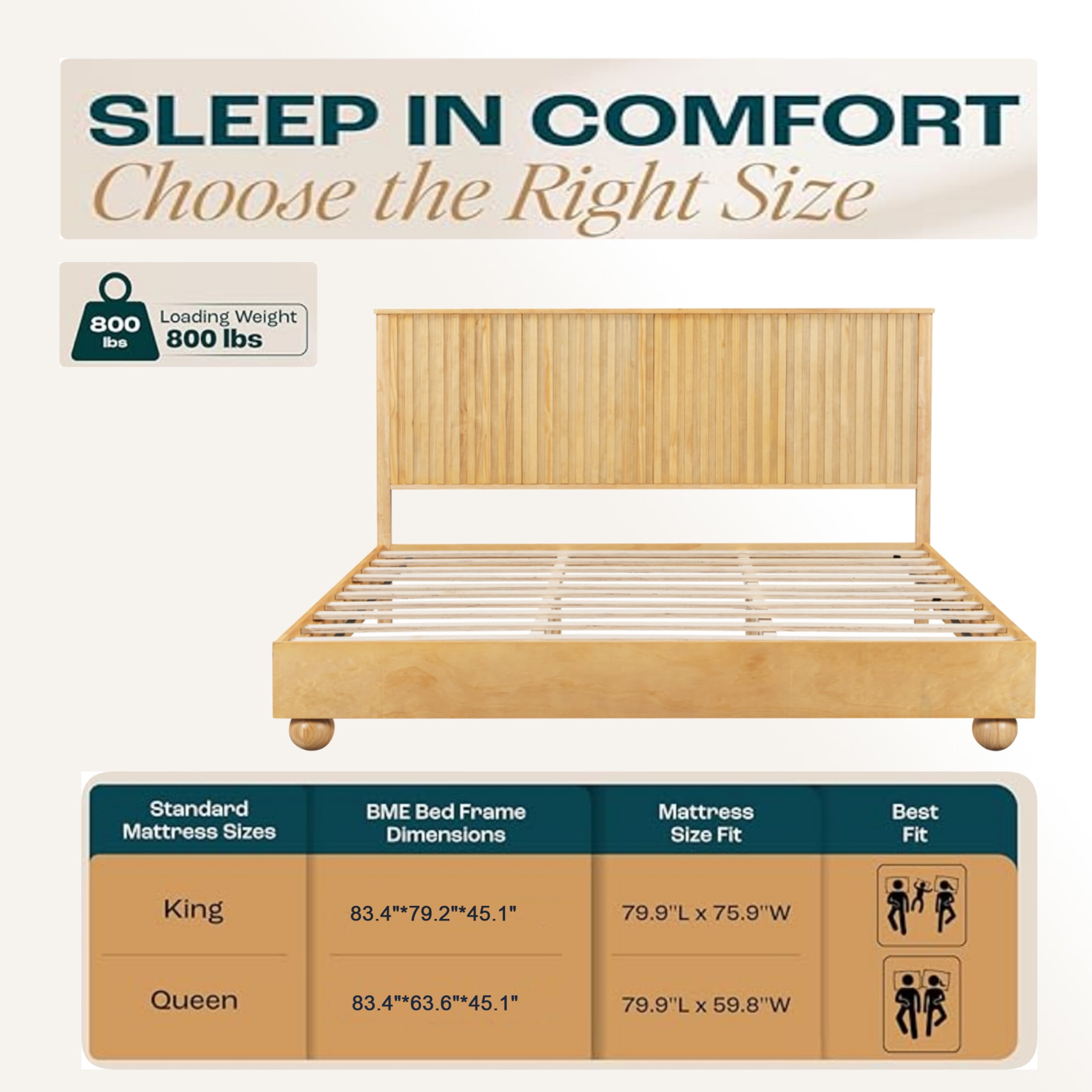 Christopher Knight Home 83.4" Queen Size Platform Bed Frame with Reeded Headboard, Solid Wood, Natural