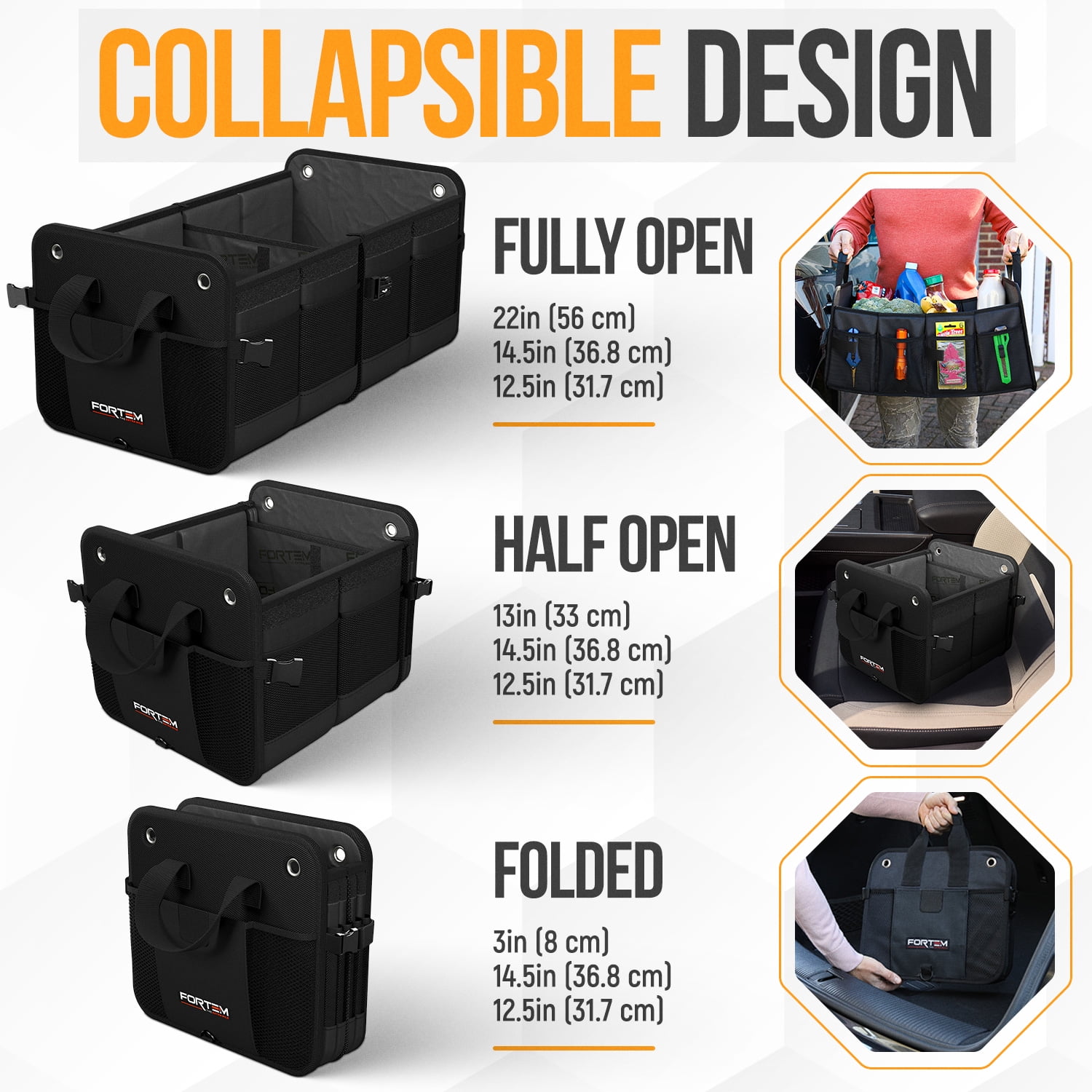 FORTEM SUV Trunk Organizer, Car Organizer, Collapsible Multi-Compartment Storage Bag for Car Accessories for Women Men, 1680D Oxford, Non Slip Bottom, Adjustable Straps, (50L)