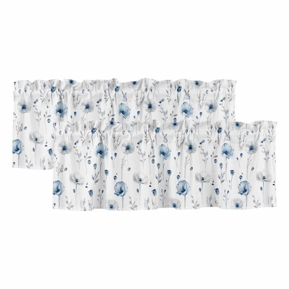 2 Pack Valances for Windows 42 x 12 Inch, Blue Floral Spring Decorative Kitchen Curtain Valance, Farmhouse Poppy Botanical Rod Pocket Short Curtains Window Treatment for Bathroom/Cafe