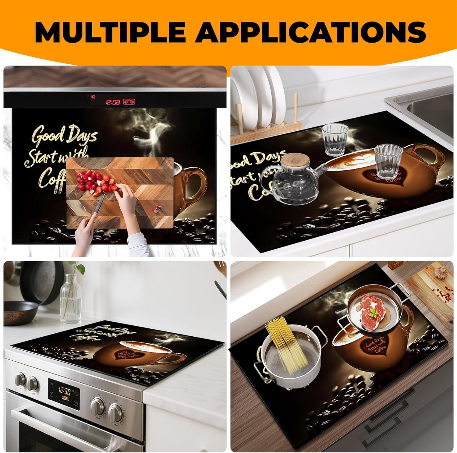Heat-Resistant Glass Stove Top Cover with Anti-Slip Rubber Coating – Electric Stove Protector, Scratch-Resistant, Counter Space Decor Mat (coffee cup, 28.5"L x 20.5"W)