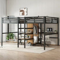 HICOMILA Twin Size Loft Bed with Desk and Stairs,Metal Double Loft Beds with Wardrobe and USB Outlet, Heavy Duty Loft Bed for 2 with Storage Shelves, Noise Reduced,Woodgrain