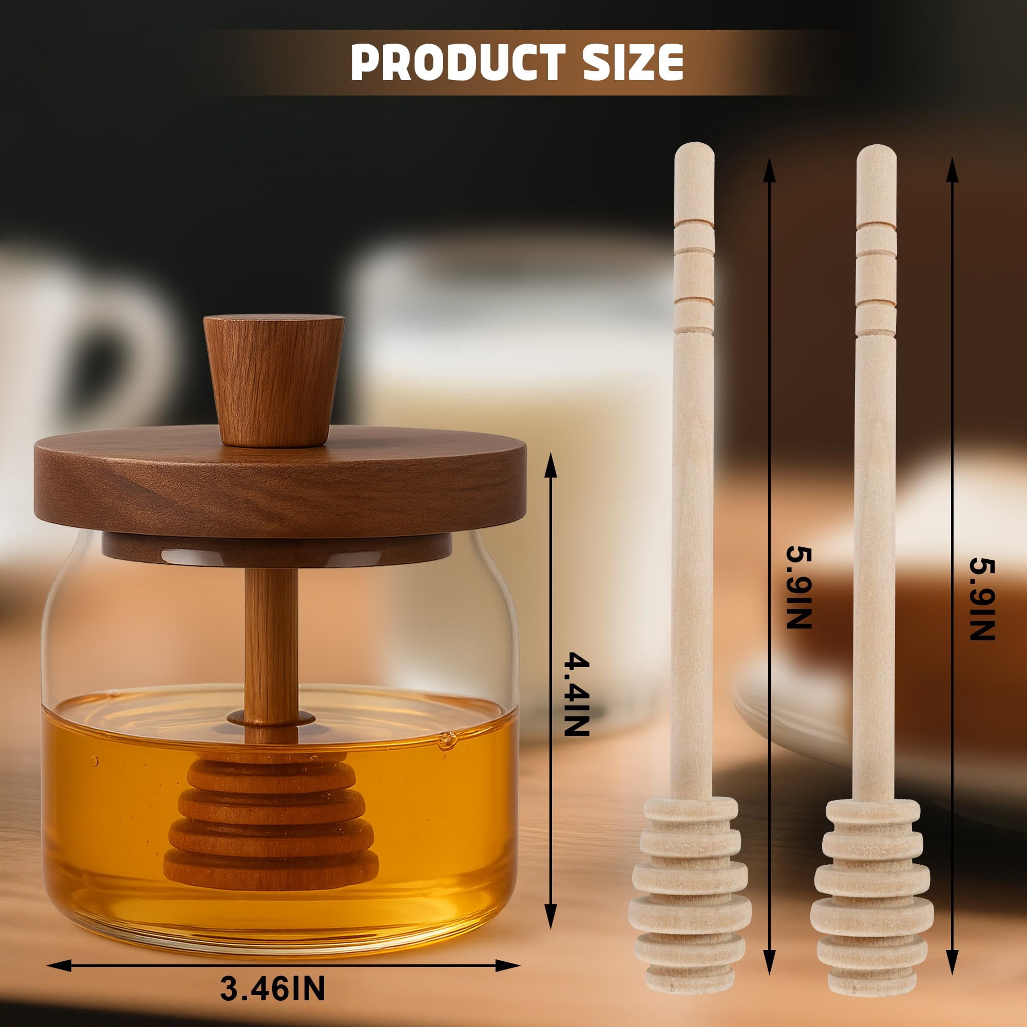 Honey Pot with Dipper and Lid - 18oz Glass Honey Jar with Wooden Honey Dippers Stick Set, Wide Mouth Honey Containers - Airtight Syrup Dispenser for Home Kitchen