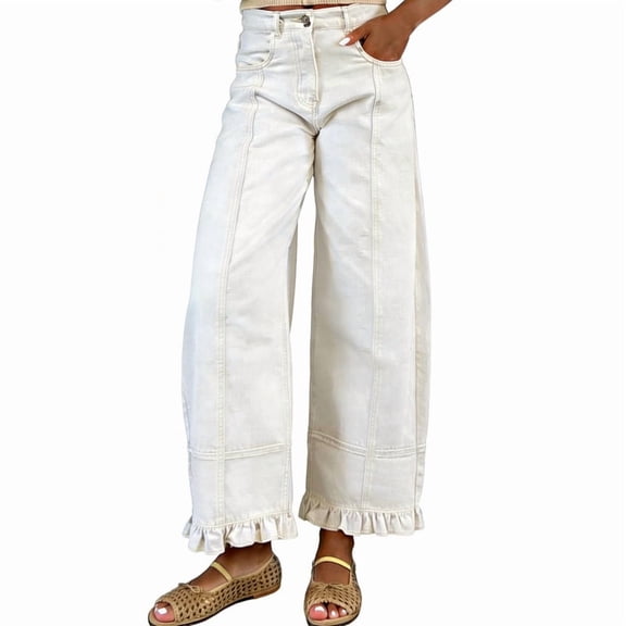 sicmoss Women's White Cotton Barrel Jeans Y2K Wide Leg Baggy Ruffle Hem with Pockets