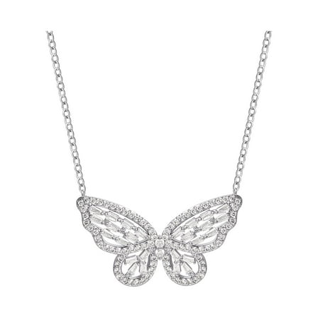 Believe by Brilliance- Women's Fine Silver Plated Cubic Zirconia Butterfly Necklace, 18"   2"