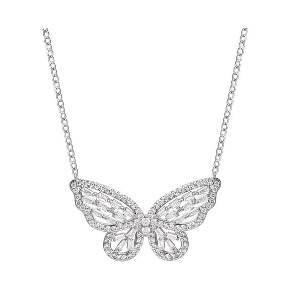 Believe by Brilliance- Women's Fine Silver Plated Cubic Zirconia Butterfly Necklace, 18"   2"