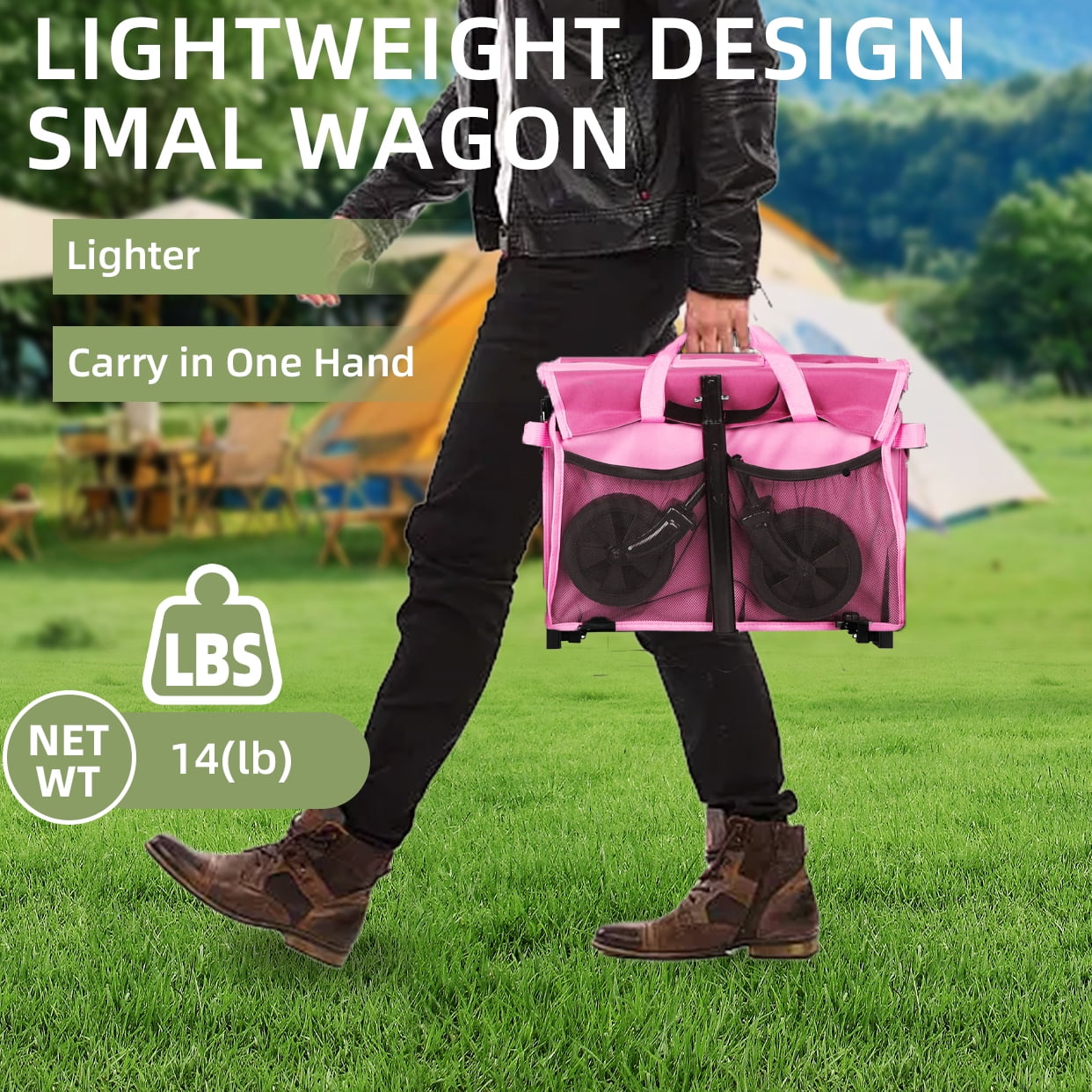 Collapsible Wagon with Wheels, Lightweight Utility Camping Wagons Carts Foldable with 360lbs Weight Capacity, Carts with Cup Holders for Garden, Sports, Grocery, Shopping (Pink)