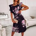 thumbnail image 2 of Lilgiuy Women's Summer Casual Round Neck Pleated Ruffle Short Sleeve Printed Dresses With Belt Black,4 2022 Fall Winter, 2 of 4