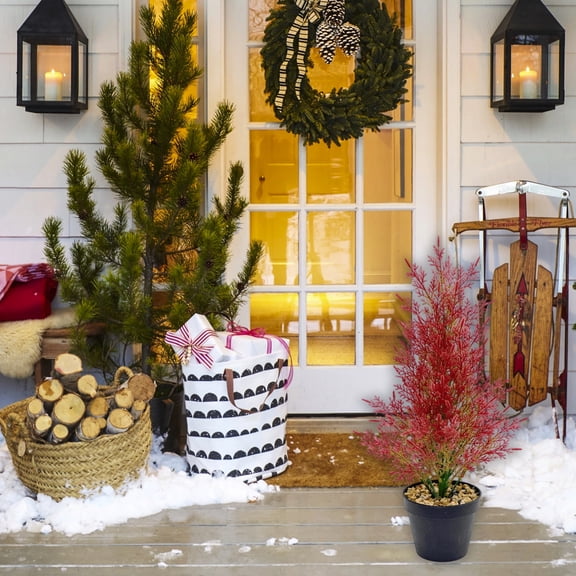 Artificial Cedar Trees & Christmas Tree Ornaments - 18in Fake Plants for Home Desk, Office, Outdoor & Indoor Decor, Adds Greenery to Spaces, Perfect as Standalone Decor or Christmas Tree Accents, Red