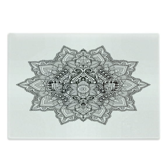Lotus Cutting Board, Mandala with Aztec Tribal Textured Ornamental Cosmos Floral Pattern, Decorative Tempered Glass Cutting and Serving Board, Large Size, Grey Black, by Ambesonne