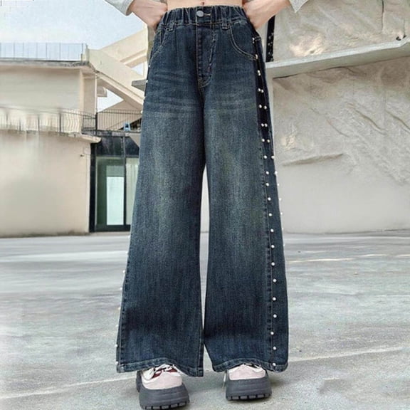 Cowsor Girls Baggy Jeans Distressed Denim Pants Elastic Waist Wide Leg Jeans for Girls Kids Loose