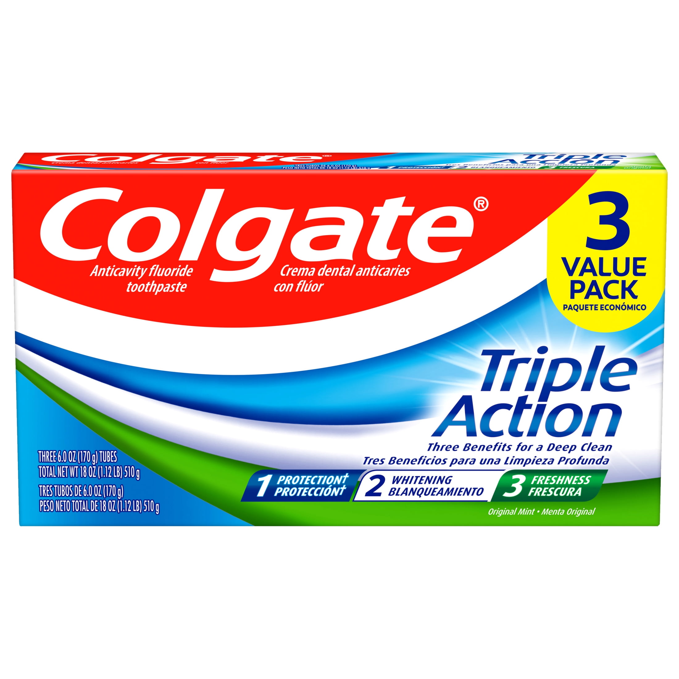 Colgate Triple Action Pasta de Dientes Menta Original, 6 oz, Paquete de 3 Colgate Triple Action Pasta de Dientes Menta Original, 6 oz, Paquete de 3