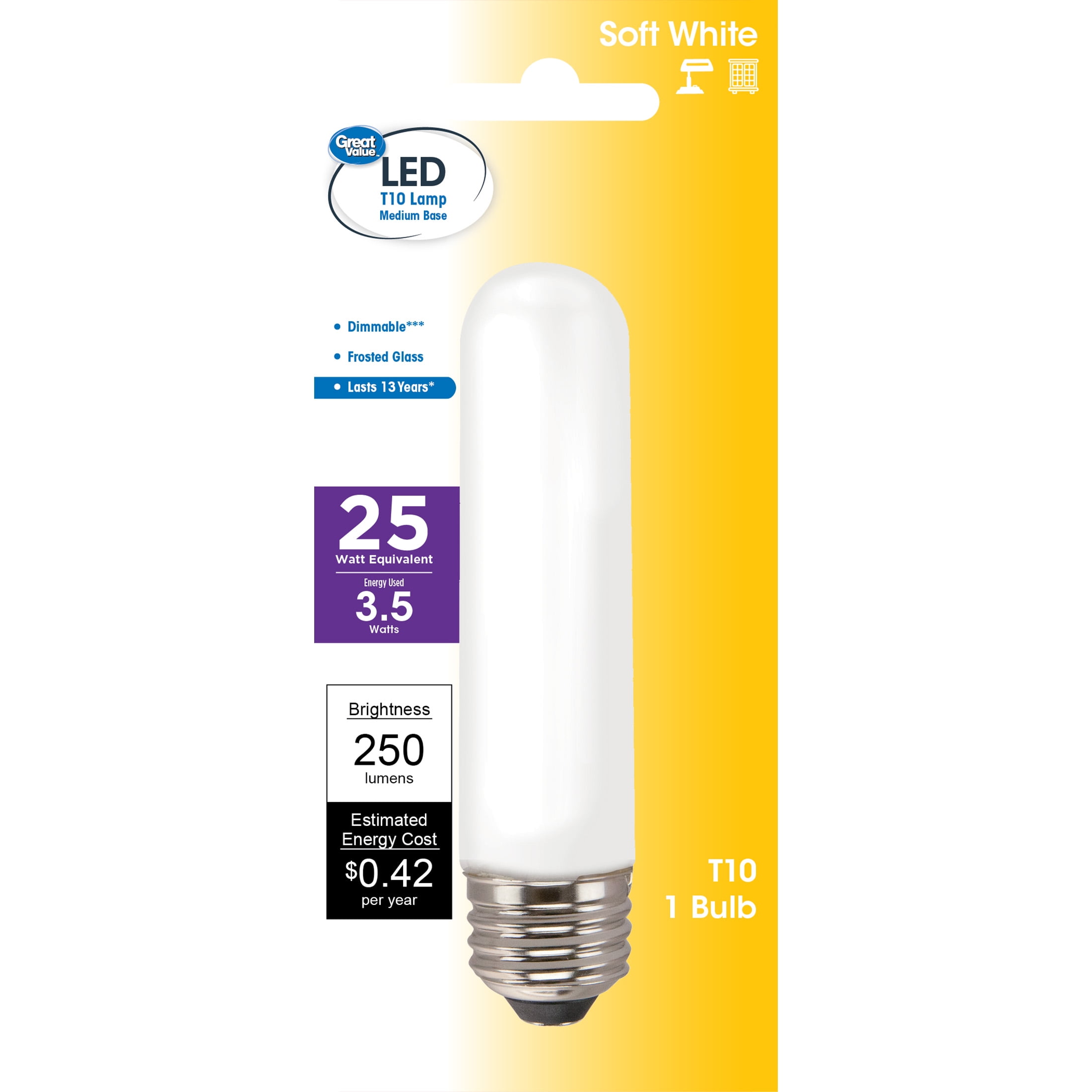 (2 pack) Great Value LED Light Bulb, 3.5 Watts (25W Equivalent) T10 Frosted Tube Lamp E26 Medium Base, Dimmable, Soft White, 1-Pack