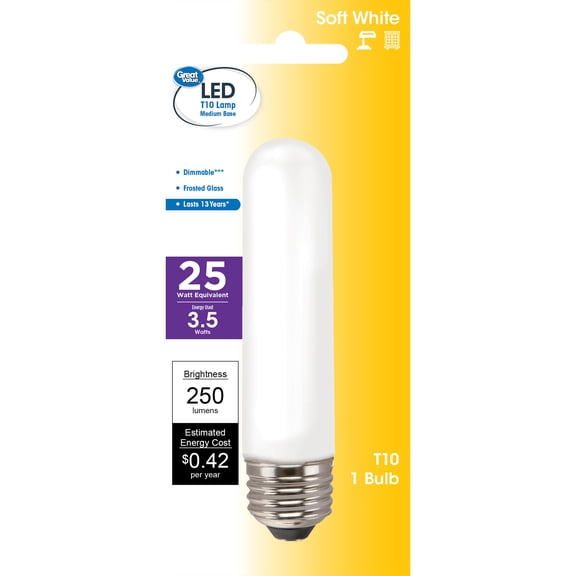 Great Value LED Light Bulb, 3.5 Watts (25W Equivalent) T10 Frosted Tube Lamp E26 Medium Base, Dimmable, Soft White, 1-Pack