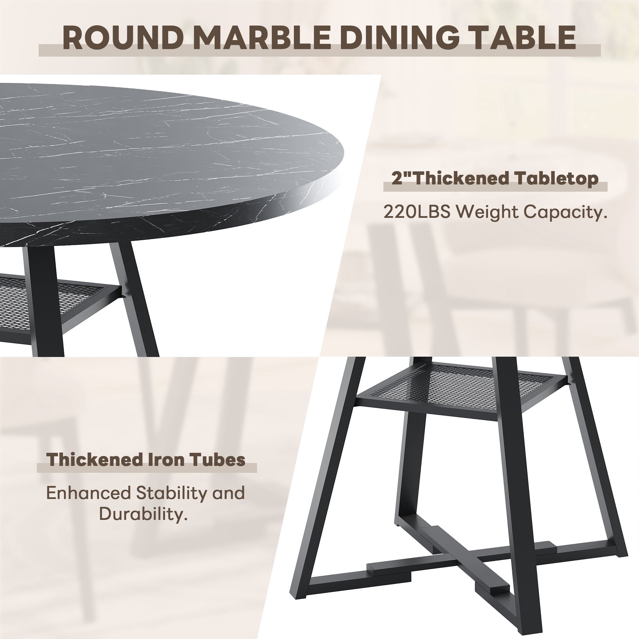 PAPROOS Round Dining Table, 43'' Faux Marble Dining Table with Storage Shelf, Circle Dining Table for Dining Room, Modern Kitchen Table for 4 People, Black(Only Table)