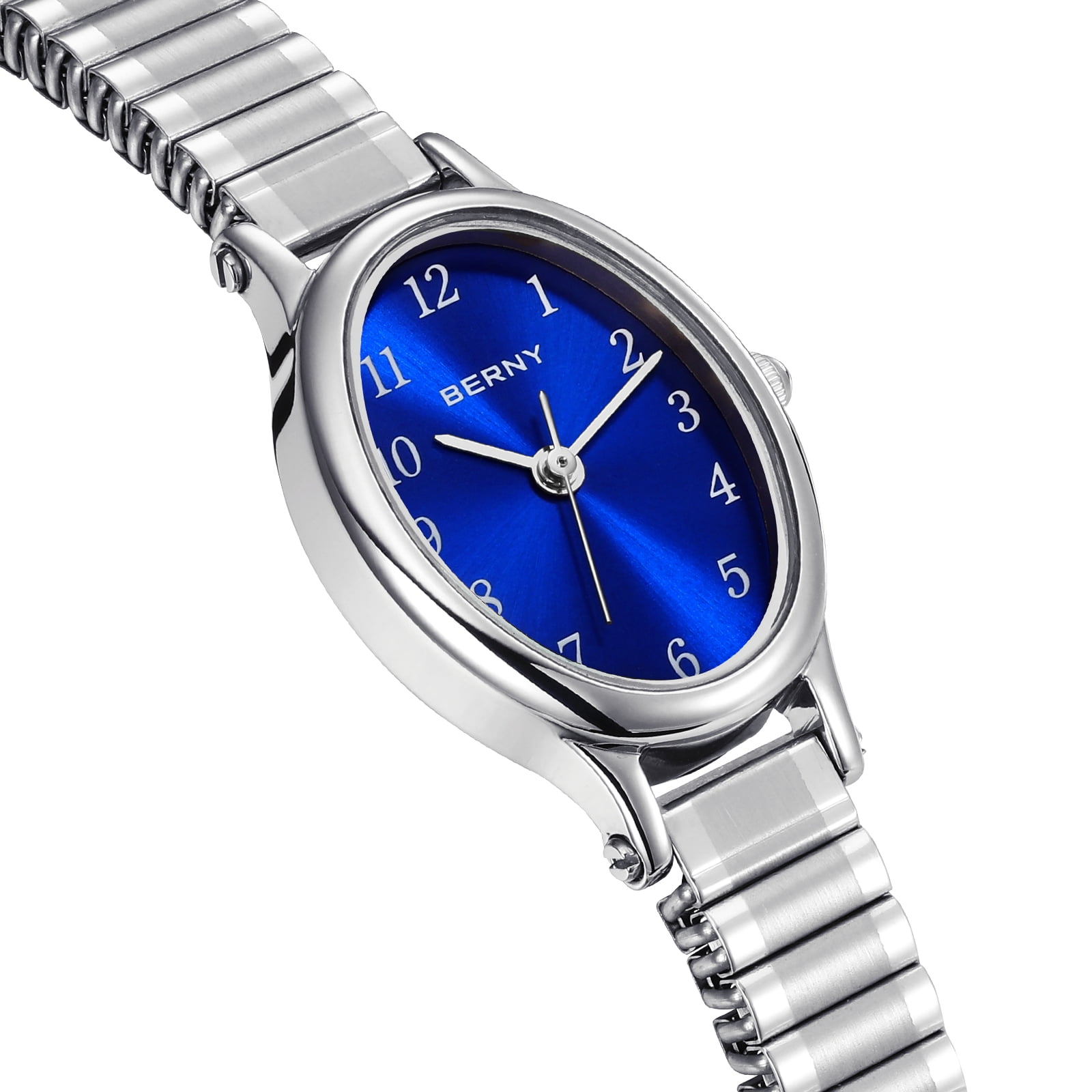 BERNY Small Silver Watches for Women, Dainty Luxury Oval Dial, Expansion Band Watch, Fashion Ladies Analog Quartz Watch, Waterproof Women Wristwatch Gifts, Blue