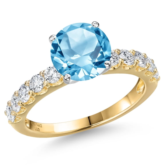 Gem Stone King 14K Two Tone Gold Swiss Blue Topaz and Lab Grown Diamond Engagement Ring for Women | 2.90 Cttw | Round 8MM | Gemstone November Birthstone | Size 8