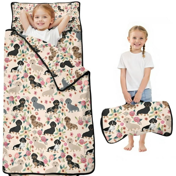 Dachshund and Flower Toddler Nap Mats for Kids Preschool,Sleeping Mat Bag or Kids,Toddler Sleeping Bag,Toddler Nap Mat or Daycare