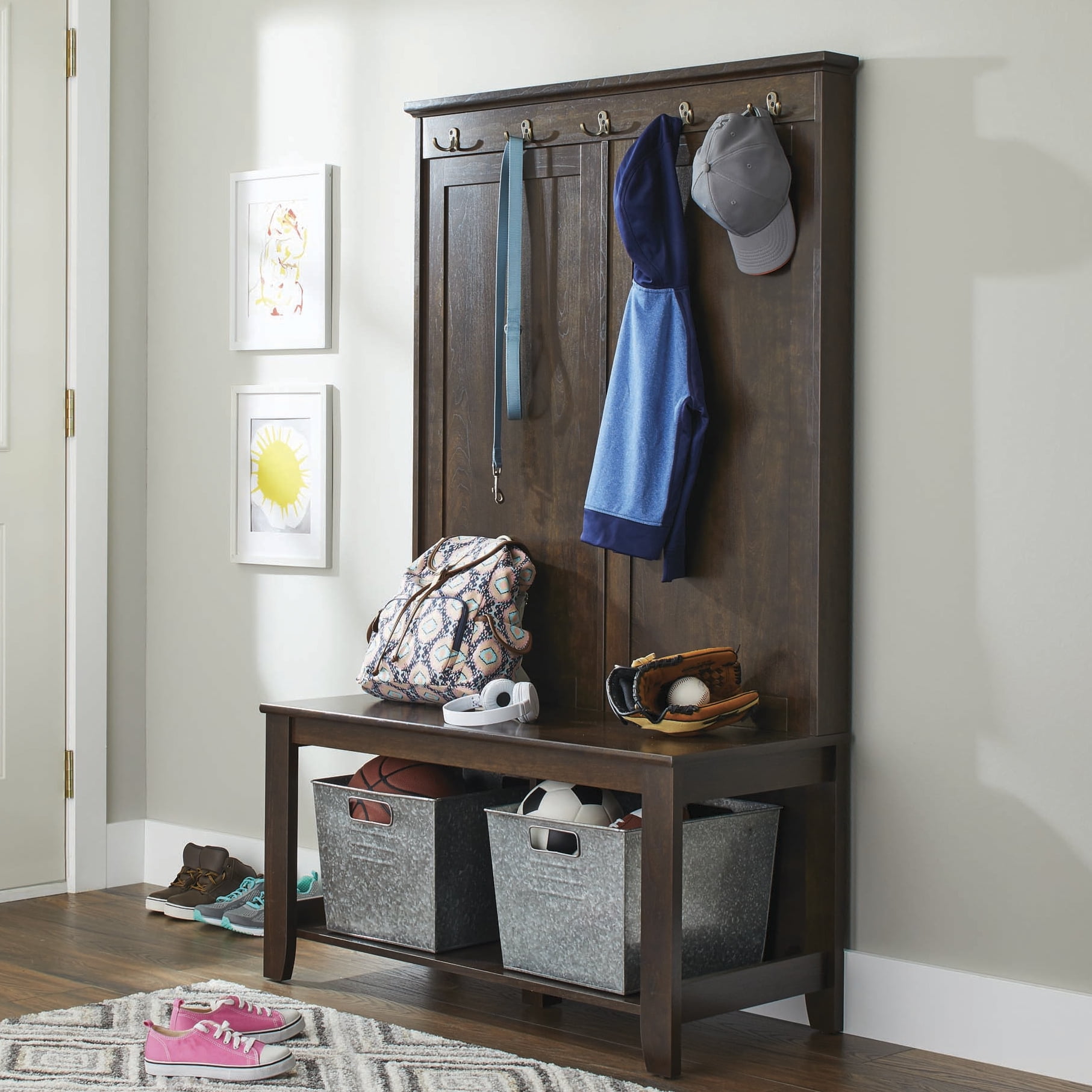 Entryway Bench Coat Tree Hall Brown Wood Hutch Hooks Shoe Storage Organizer Entryway Bench Coat Tree Hall Brown Wood Hutch Hooks Shoe Storage Organizer