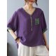 thumbnail image 3 of Blusa holgada para mujer, cuello en V, media manga, empalme, estilo vintage, informal, 3 of 8