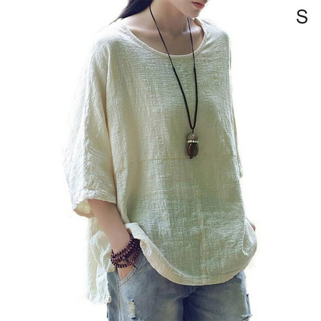 T-Shirt Femme Couleur Unie Haut Décontracté Manches Courtes Blouse en Lin Fille Col Rond Blouse, Beige Jaune, P