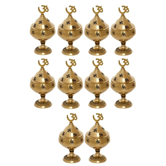Set Of 10 Golden Om & Swastik Symbol Akhand Diyas | Brass Decorative Diyas | Auspicious Designer Akhand Diya For Puja Room, Home, Office, Temple Decor