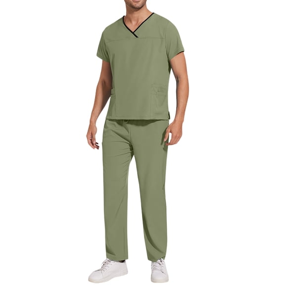 CIENVNSTG Men's Scrubs Short Sleeve V Neck Solid Nursing Suits With Pockets Plus Size Scrub Top & Scrub Pants Nurse Uniforms Sets Green L