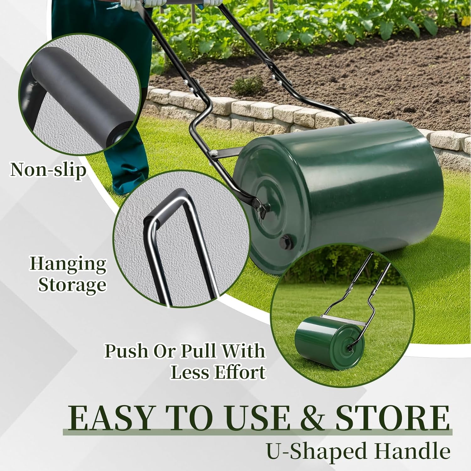ZJTER Lawn Roller 8 Gallons Water or Sand Filled, Durable Heavy Duty Steel, with Drain Plug and U-Shaped Handle, Manual Tool for Greening up Lawns, for Yard Garden Maintenance, Green (16inch)