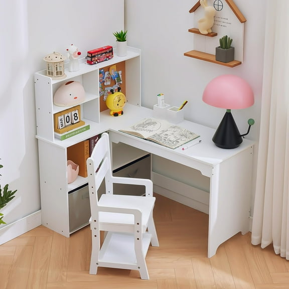 Ataucjin Kids Desk and Chair Set,Kids Corner Desk,Kids Study Table with Bookshelf,Cloth Drawer and Bulletin Board,Kids Study Desk with Chair,Student Writing Table Computer Workstation for Boys Girls