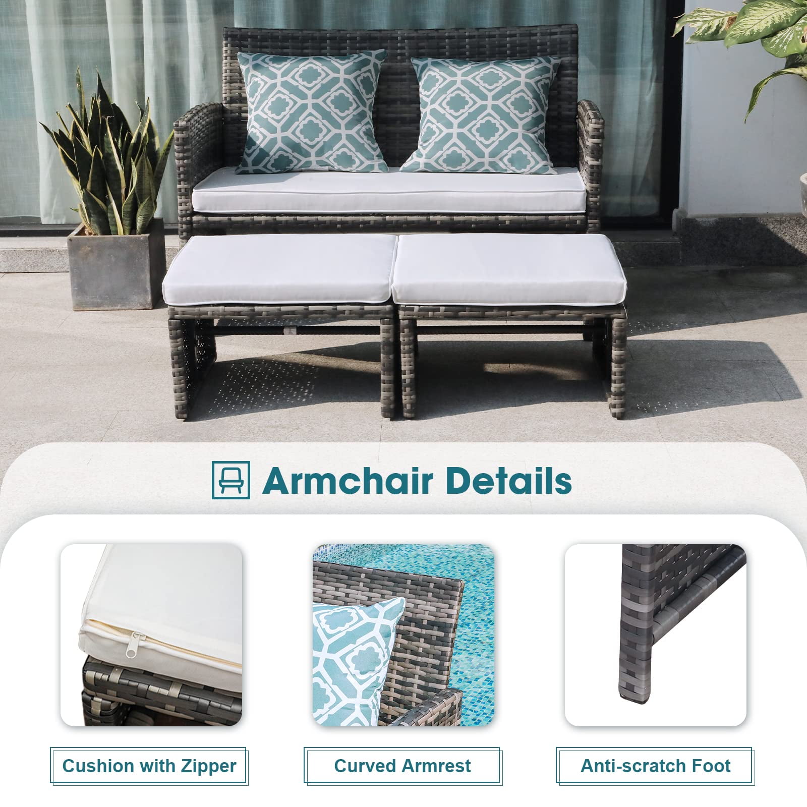 Outdoor Loveseat Patio Furniture Rattan Conversation Set, with Ottoman, Pillows Included, Grey Wicker, White Cushions