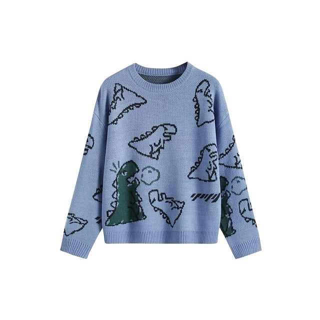 Diconna Tricot pour Adultes, Hauts à Manches Longues à Col Rond avec Imprimé de Dinosaures Dessin Animé