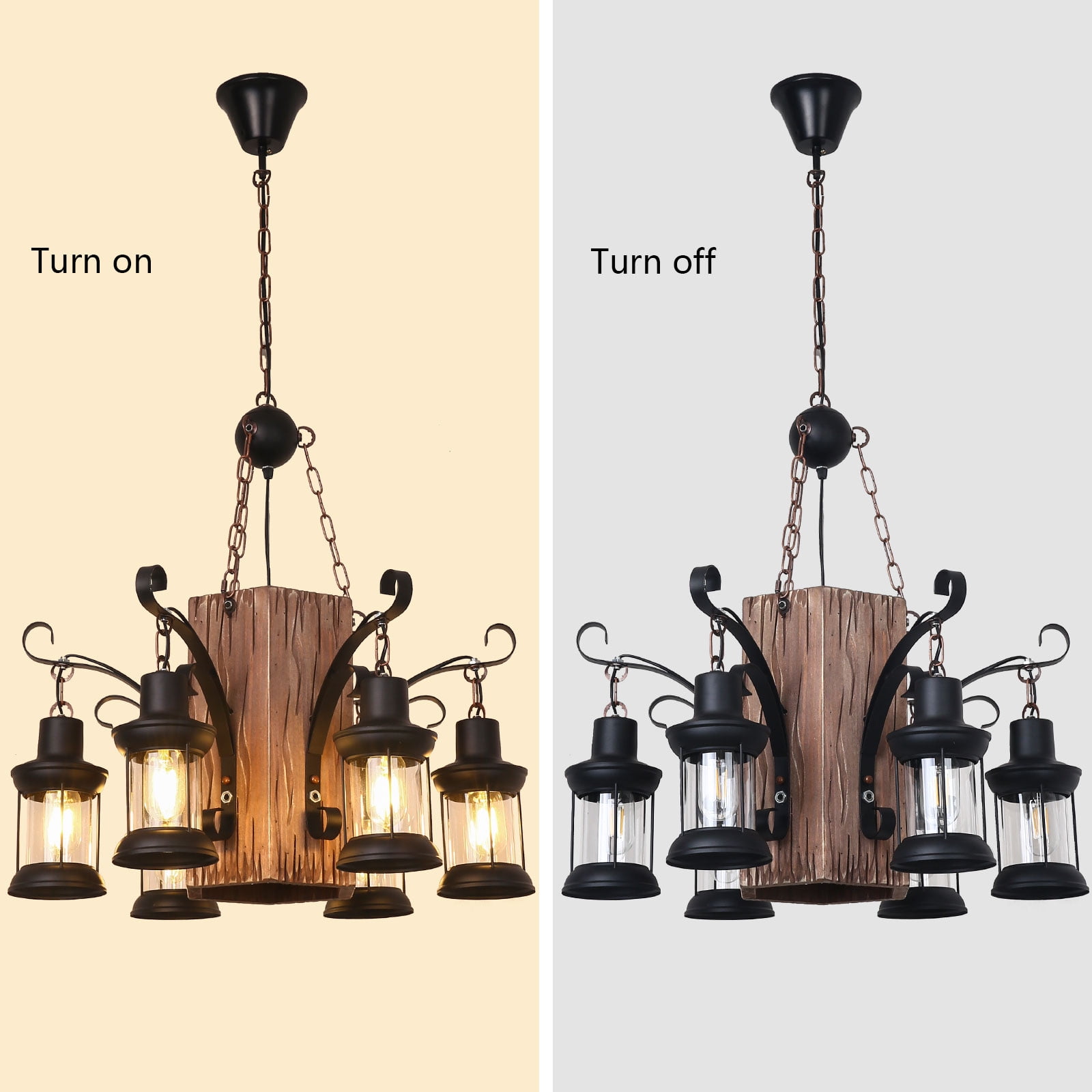Rustic Wood Lantern Chandelier, 6-Light Farmhouse Pendant Light Height Adjustable Hanging Ceiling Light Fixture with Glass Lampshade