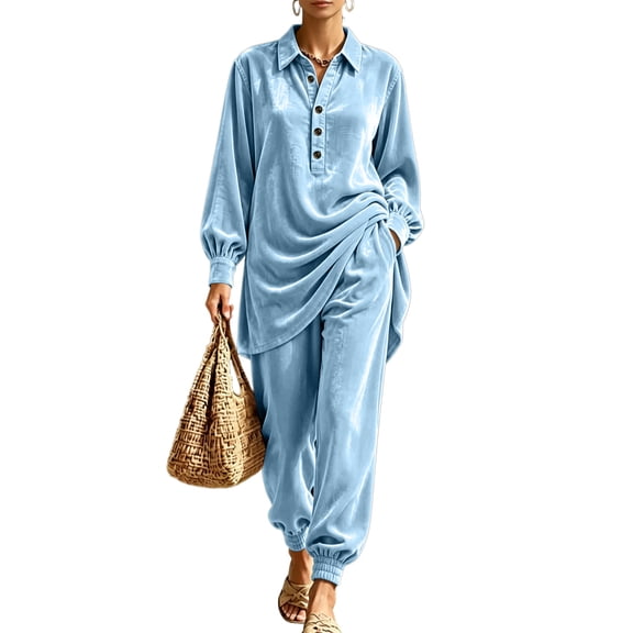 Szluipve 2 Piece Sets for Women Velvet 2 Piece Outfits Collared Half‑Button Lantern Long Sleeve Top Elastic Cuff Jogger Pants Set Casual Loose Matching Loungewear Suit With Pockets Sky Blue XL