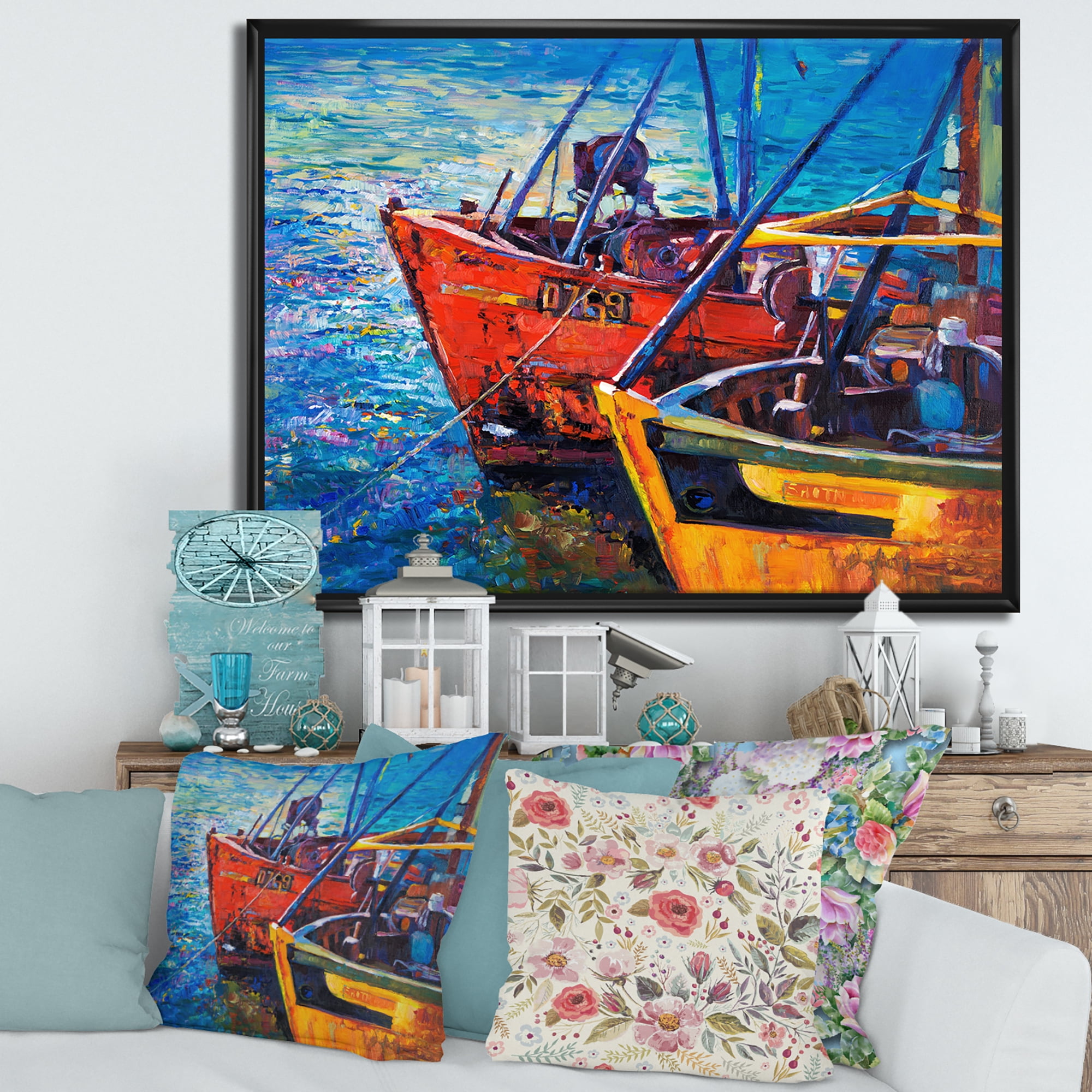 Designart 'Boats During Warm Sunset Resting On The Water VII' Nautical & Coastal Framed Canvas Wall Art Print