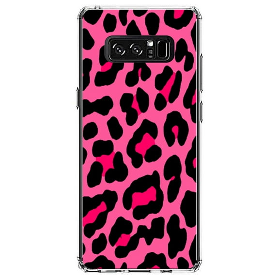 DistinctInk Clear Shockproof Hybrid Case for Samsung Galaxy Note 8 - TPU Bumper, Acrylic Back, Tempered Glass Screen Protector - Hot Pink Black Leopard Skin Spots