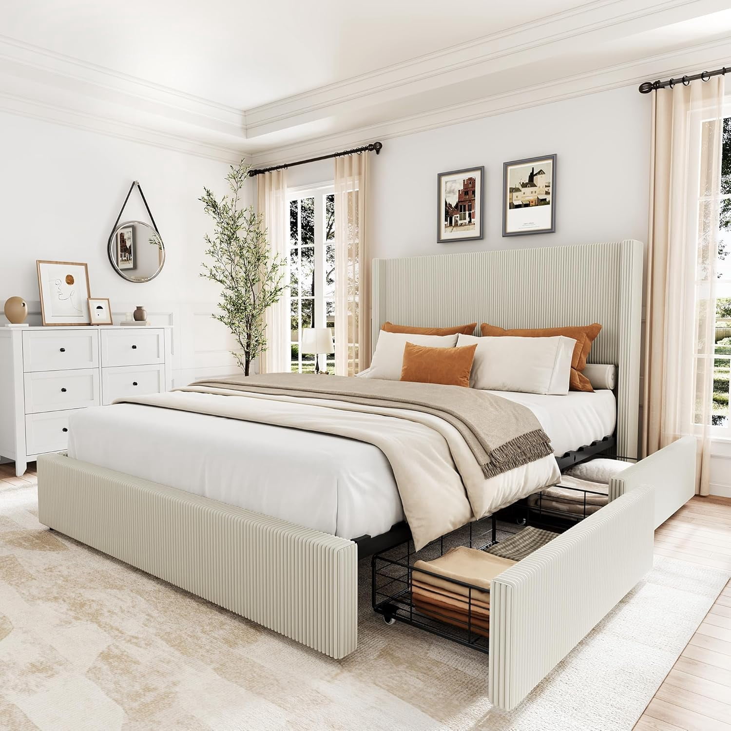Queen Size Bed Frame with Storage Drawers, Corduroy Upholstered Platform Bed with Wingback, Tufted Headboard and Footboard, No Box Spring Needed, Beige