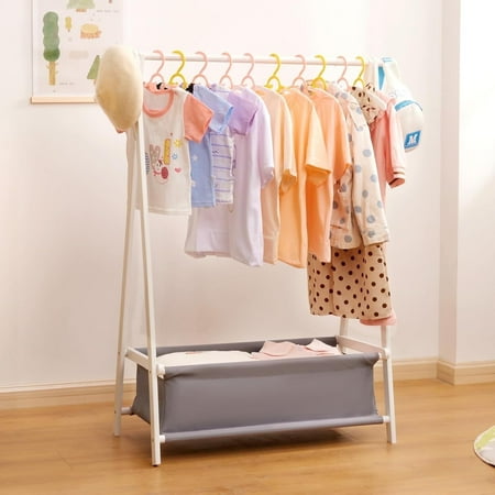 Vigorpro Kids Clothing Rack with Storage Box Dress up Holder Child Garment Hanger with Hanging Rods Small and Foldable Bamboo (White)