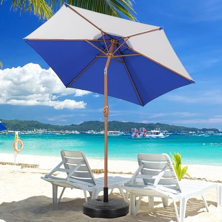 GDY 7.5 ft Multi-Color Beach Umbrella and Base with Button Tilt Sun Protection Beach Umbrellas Sunshade for Market, Patio, Pool (BLue and White)