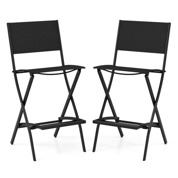 Outdoor Patio Bar Chair Set of 2, Folding Bar Height Stool with Metal Frame and Footrest, Black Bar Stool for Balcony, Garden, Poolside, Deck, Patio