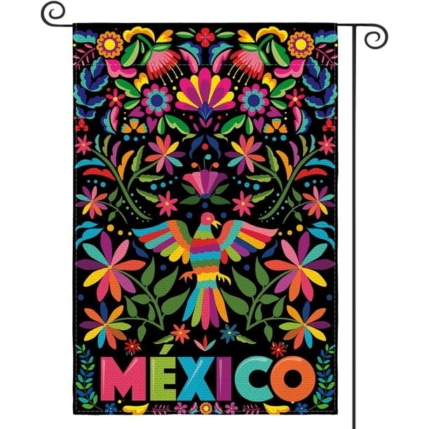 Bandera de jardín floral de flores otomíes de México, 12.0 x 18.0 in, exterior de doble cara, bandera mexicana del Día de los Muertos Cinco de Mayo para exteriores
