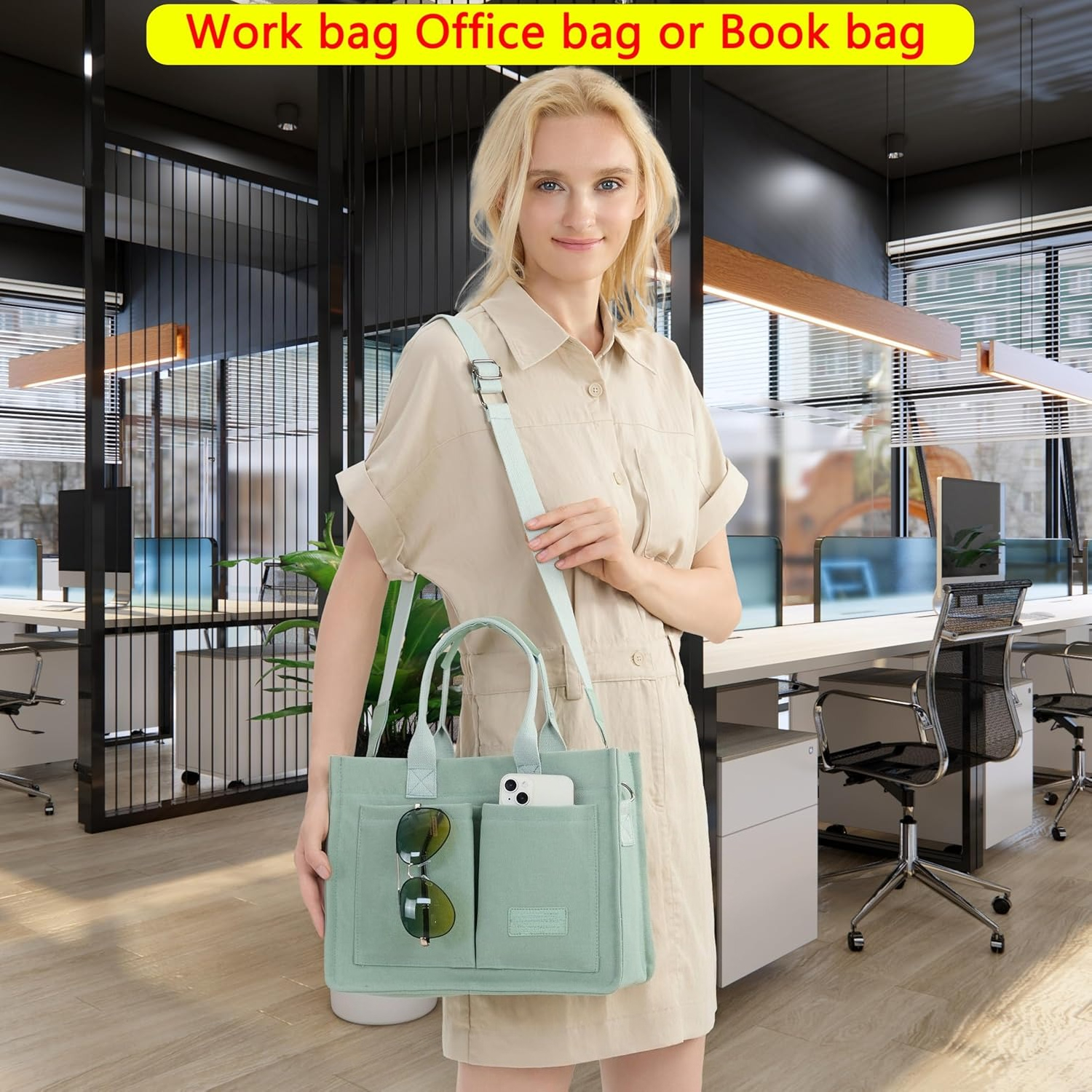 Tote Bag for Women With Compartments,Large Canvas Totes Women's Purse Crossbody Bags Work Laptop Book Bag Shoulder Handbags Green