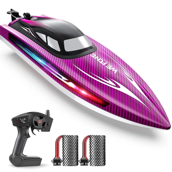 RC Boat for Kids, Remote Control Boats for Lakes and Pools, Wefone WF17 15 MPH Summer Toys with LED Lights, Demo, 2 Batteries up to 40 Mins, Purple