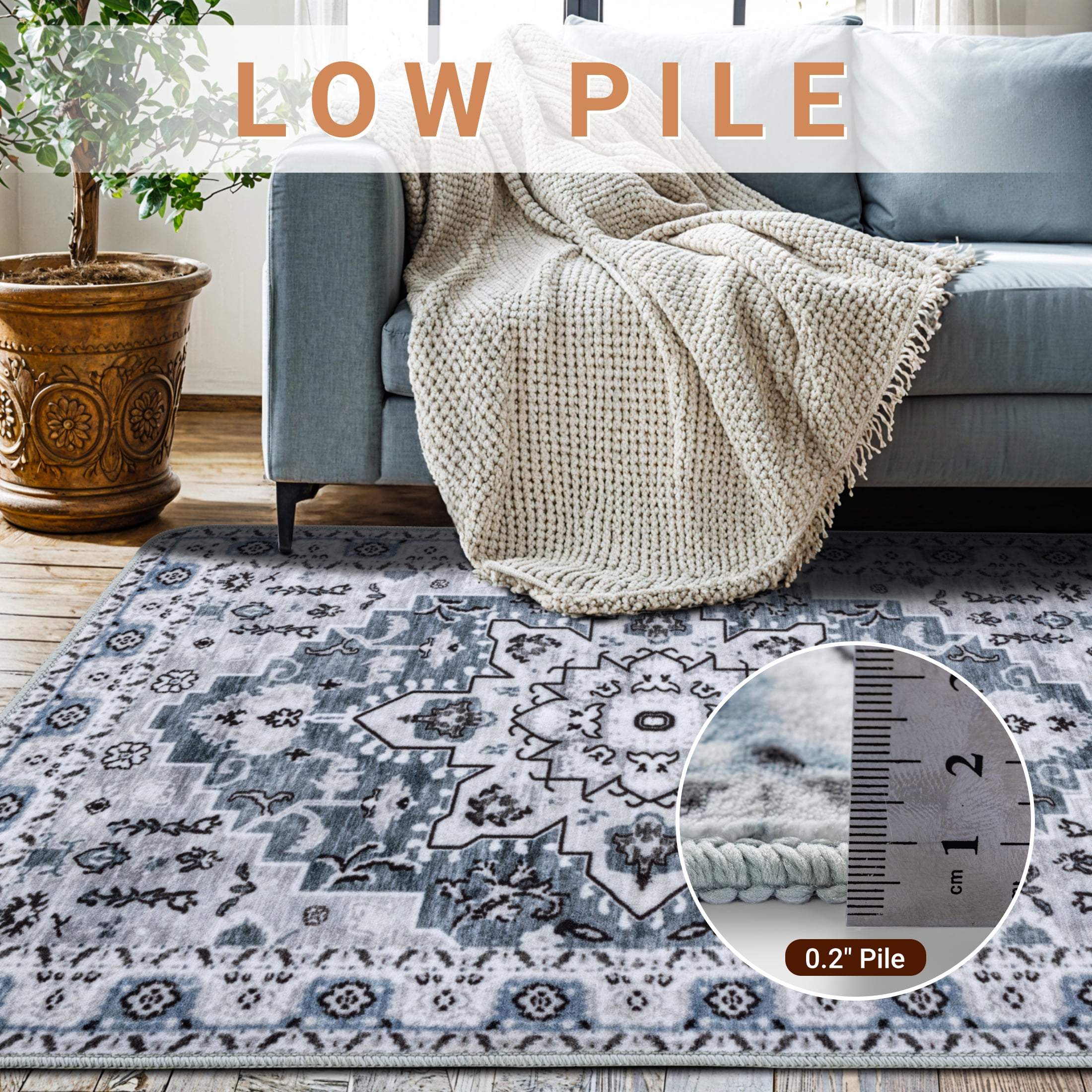 Sonoro Kate 8x10 Area Rugs for Living Room Bedroom, Non Slip Boho Machine Washable Indoor Floor Carpet, Blue-Gray