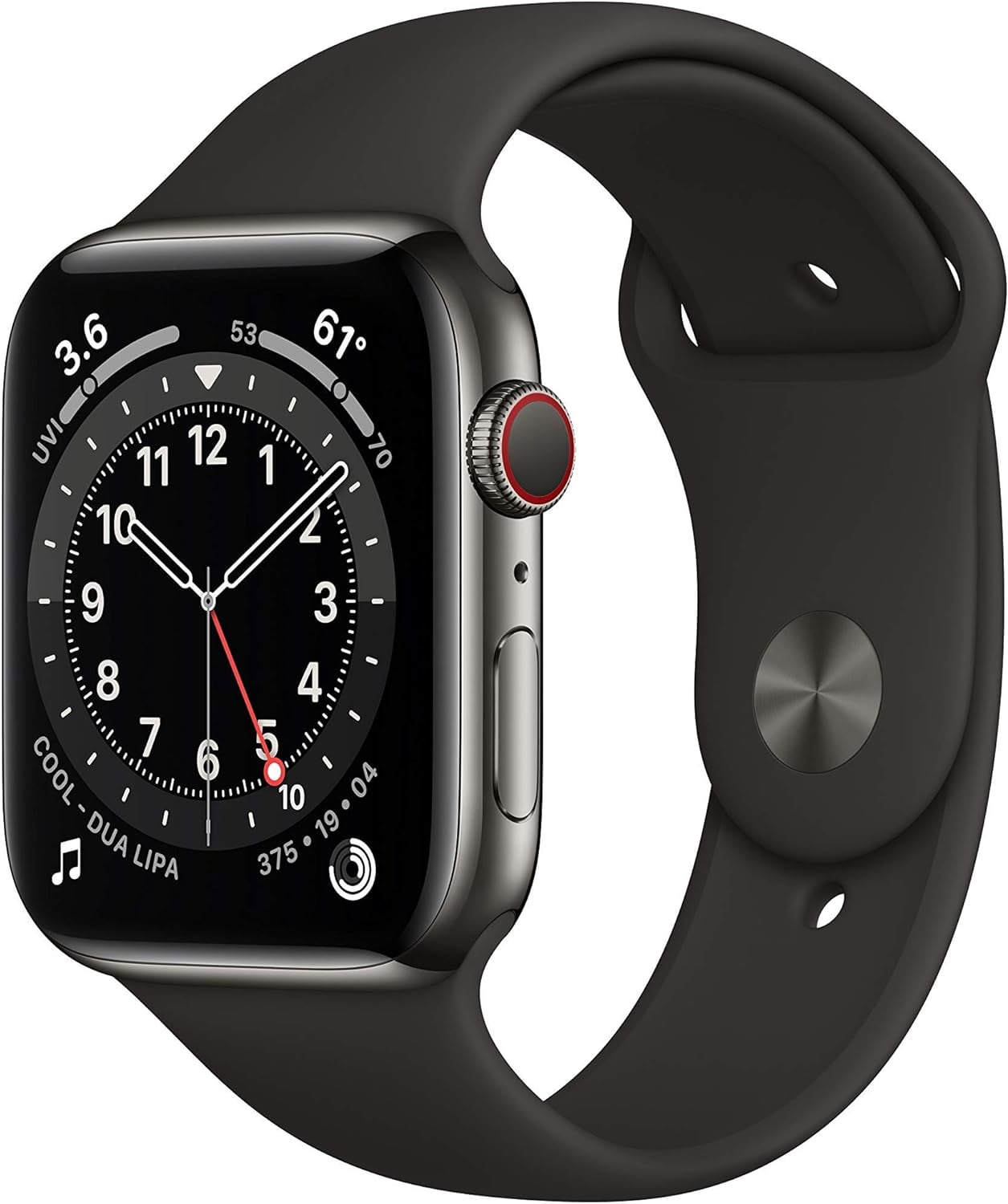 Pre-Owned Apple Watch Series 6 44mm GPS + Cellular Unlocked - Graphite Stainless Steel Case - Black Sport Band (2020)