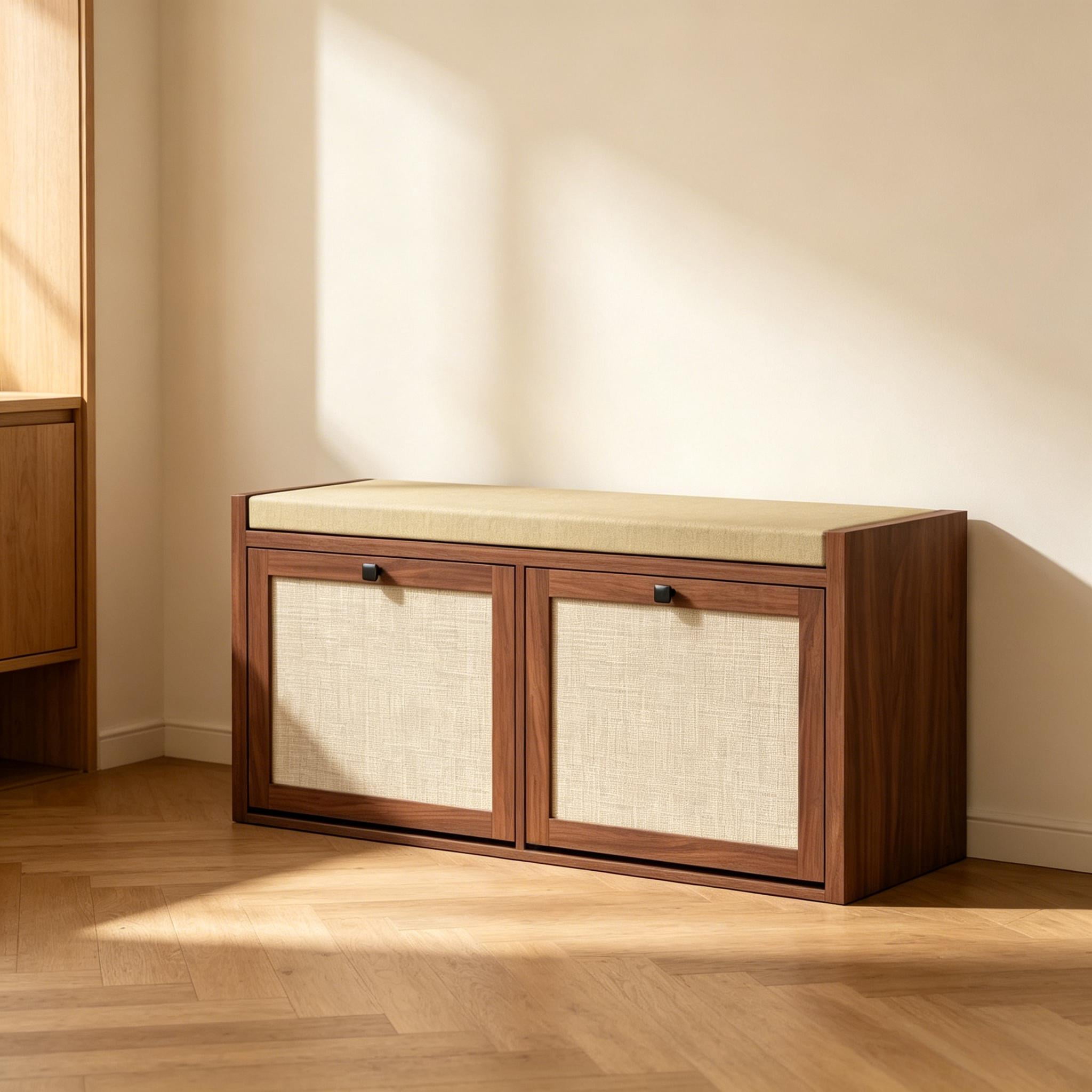 Shoe Storage Bench with Padded Seat, Shoe Storage Bench 2 Rattan Doors for Entryway