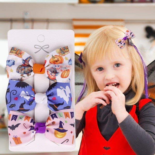 Halloween Children's Bow Hairpin Set With Printed Halloween Elements, 3PC In A Pack