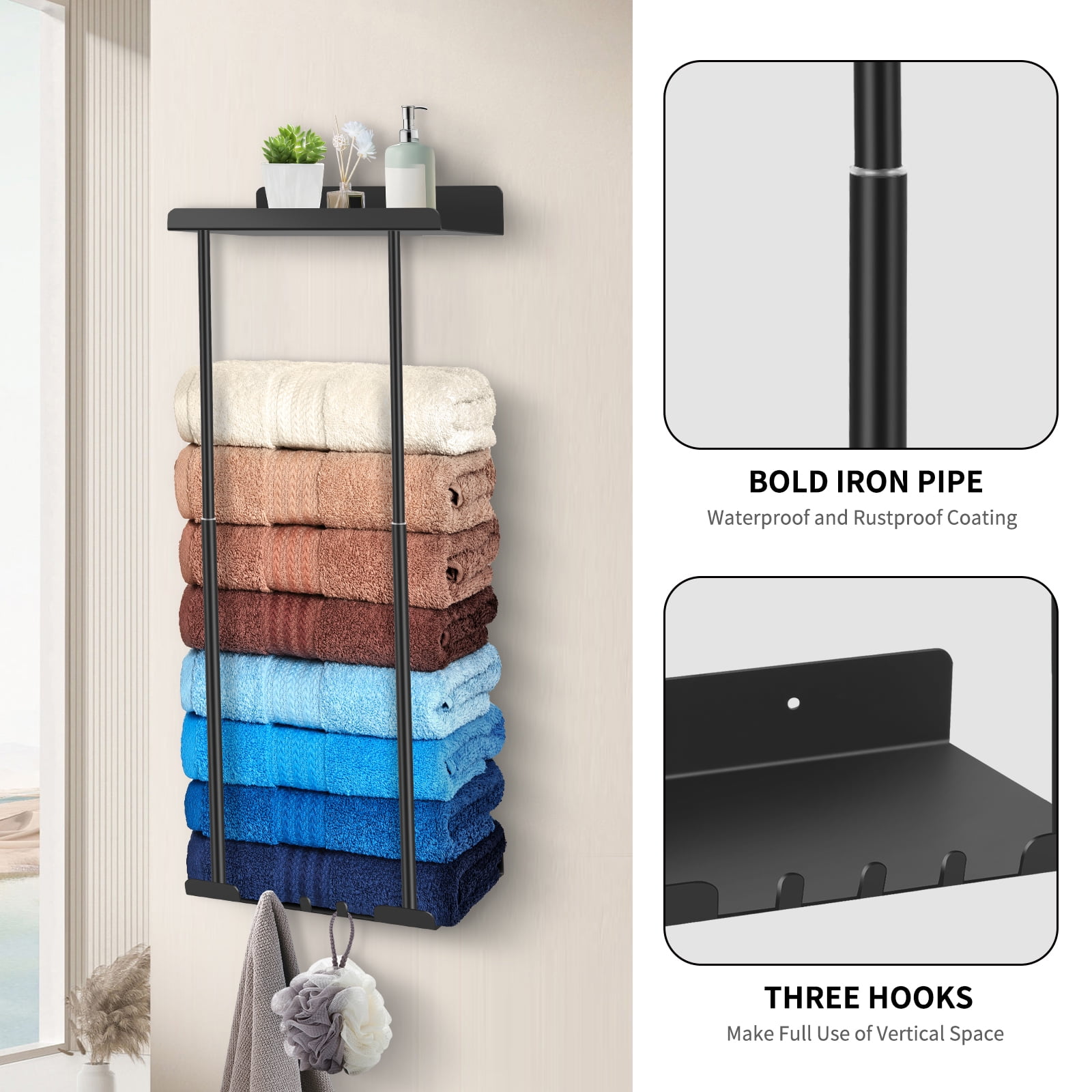 PHANCIR Retractable Wall-Mounted Towel Rack for Bathroom, Metal Towel Holder with Shelf & Hooks, Storage for Bath Towels & Hand Towel, Black