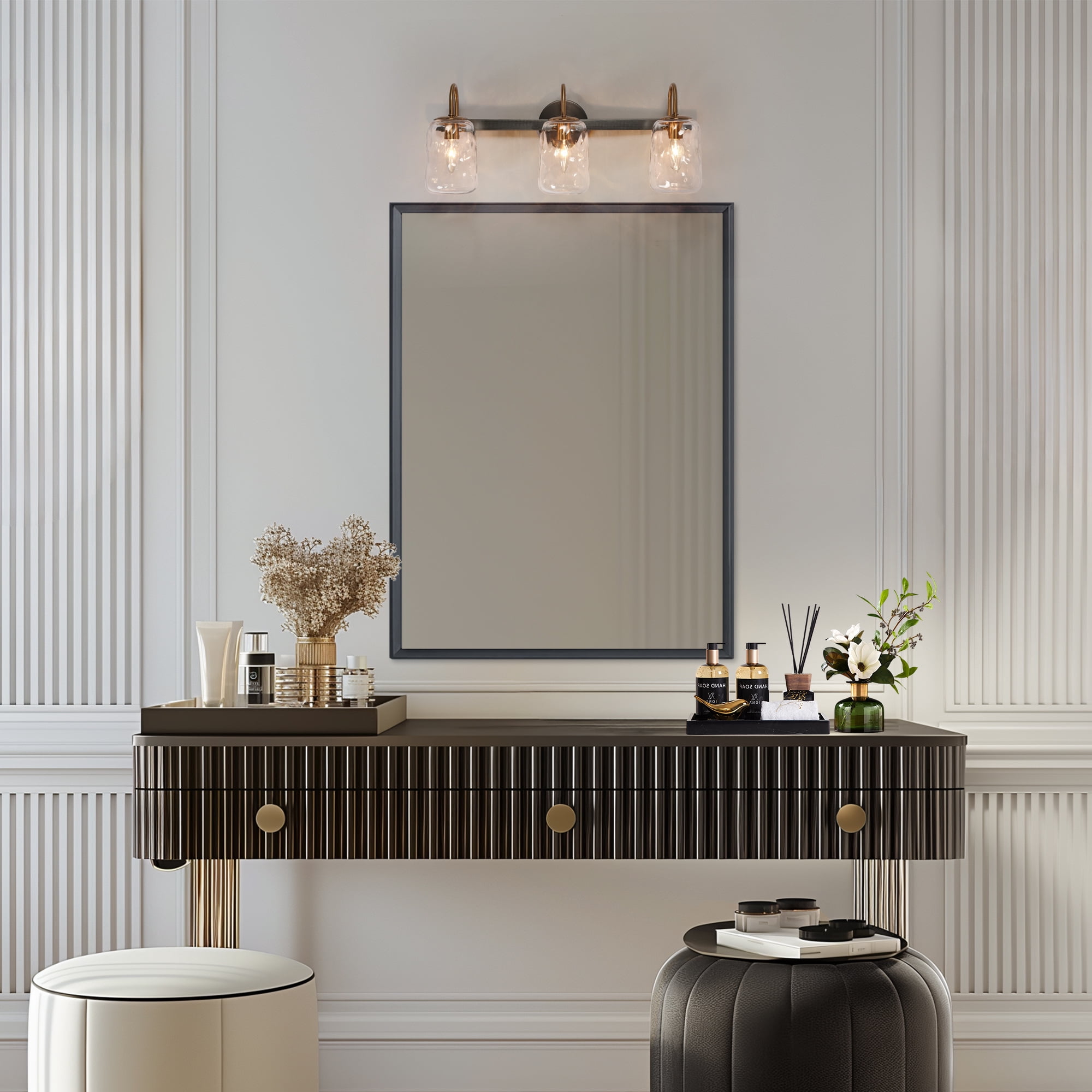 LNC Modern 3-Light Bathroom Vanity Light with Clear Water Glass, Black and Gold Fixture