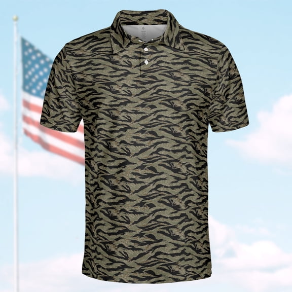 Tiger Stripe Camo Polo Shirt for Men Short Sleeve Outdoors Hunting Shirt 3D