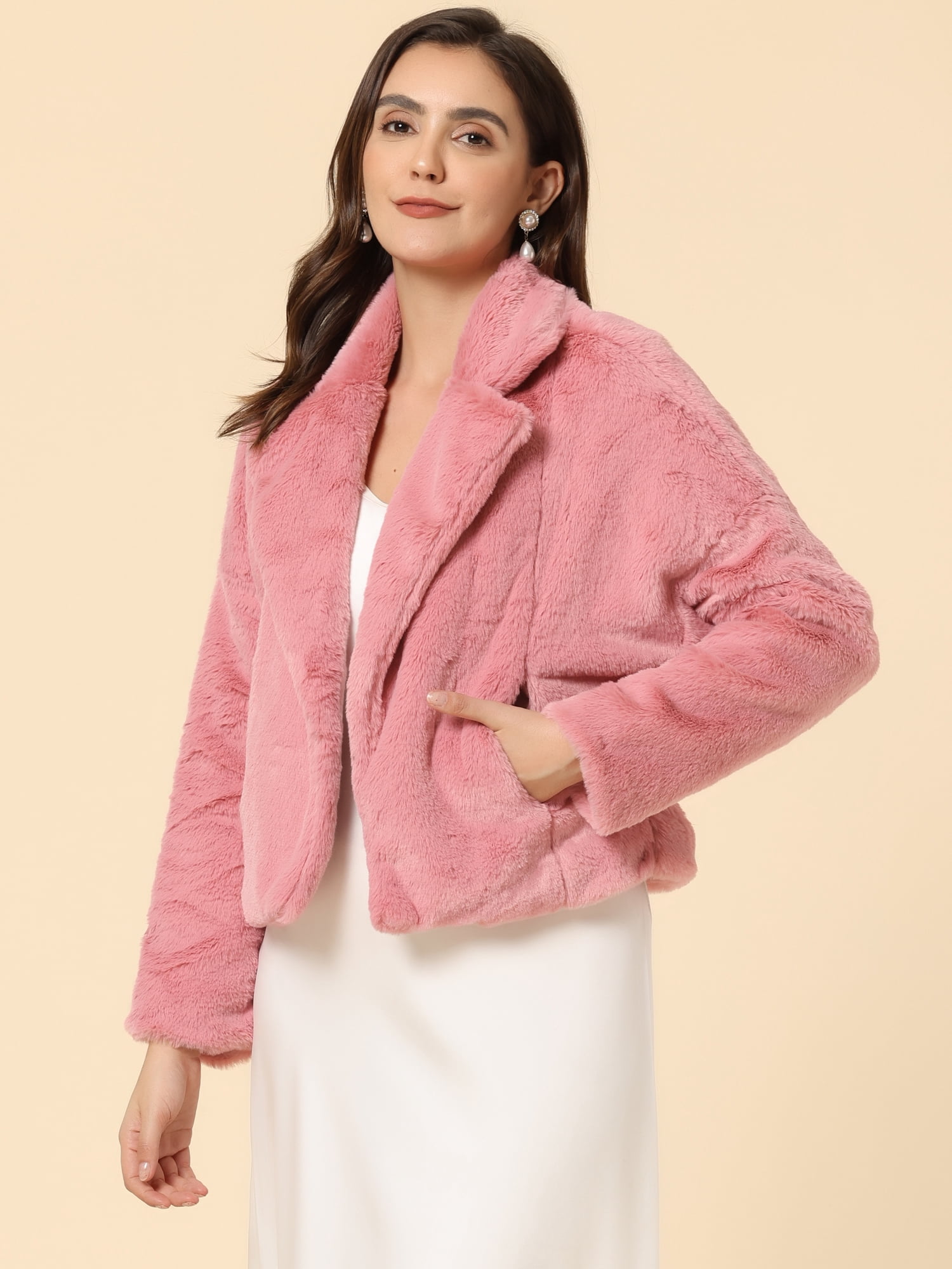 DARING DIVA Women's Cropped Jacket Notch Lapel Faux Fur Fluffy Coat L Pink