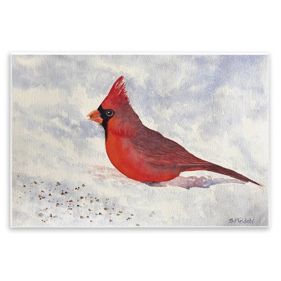 Stupell Industries Red Cardinal in Snow Animals Painting Unframed Art Print Wall Art, 15 x 10
